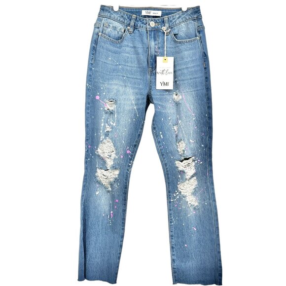 YMI Women's Distressed Splatter Paint Raw Hem Stretch  Blue Denim Jeans Size 5 - Picture 1 of 12